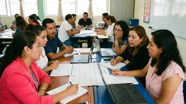 Docentes reunidos en aula escolar trabajando en planeación didáctica del Consejo Técnico Escolar SEP