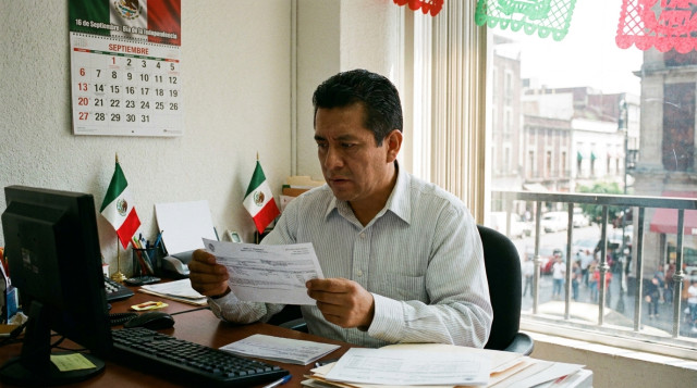 Trabajador revisando nómina y calendario laboral en oficina mexicana conmemorando el 16 de septiembre