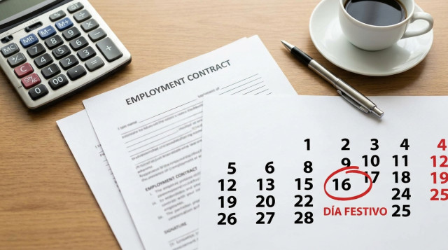 calculadora y contrato laboral con calendario oficial marcando el día festivo del 16 de septiembre