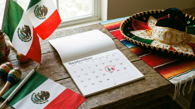 Calendario con el día 16 de septiembre marcado junto a símbolos patrios y banderas de México