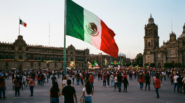 Bandera de México ondeando en el Zócalo con iluminación tricolor y personas caminando en día festivo de septiembre