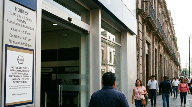 Fachada de una sucursal bancaria en México con letrero de horario y aviso sobre días inhábiles bancarios de septiembre de la CNBV