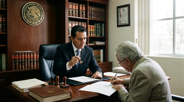 Persona mayor firmando un documento oficial ante un notario público mexicano en una oficina formal con sellos y libros notariales durante el mes del testamento