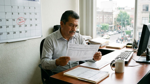 trabajador de oficina revisando un recibo de nómina junto a un calendario con el 16 de septiembre marcado