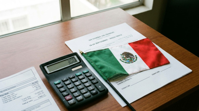 calculadora y contrato laboral con bandera mexicana para ilustrar el pago triple del 16 de septiembre