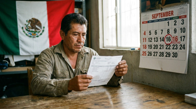 Trabajador mexicano revisando su recibo de nómina junto a un calendario marcado en el día 16 de septiembre con bandera de México de fondo
