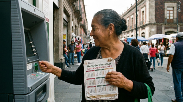 Persona adulta mayor consultando su saldo en un cajero del Banco del Bienestar con el calendario de pagos en mano