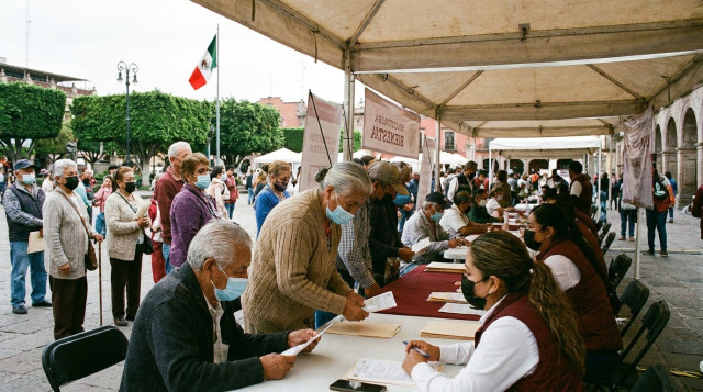 Módulo de registro de la Secretaría de Bienestar con adultos mayores presentando documentación para la Pensión Bienestar