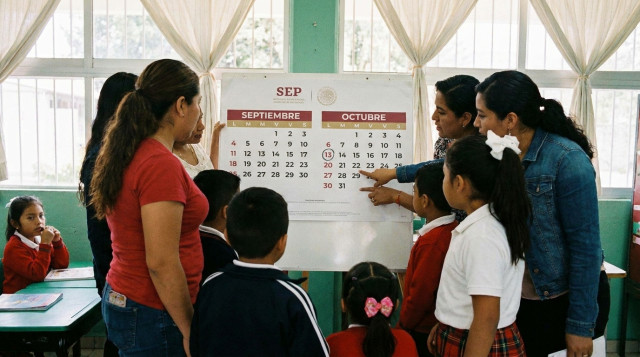 Alumnos y profesores en un aula de educación básica revisando el calendario escolar SEP oficial