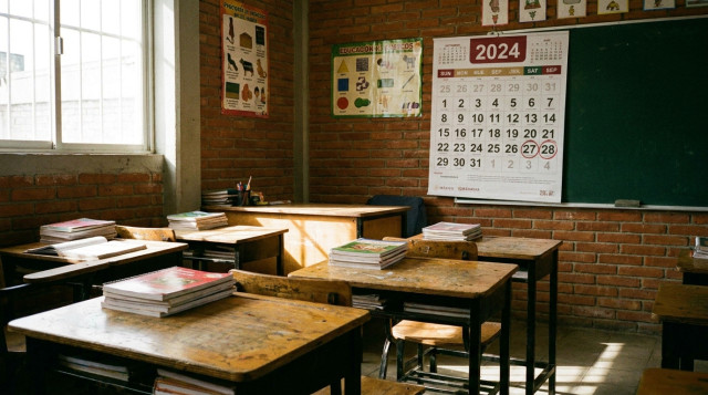 Aula escolar mexicana vacía con libros sobre el pupitre y calendario SEP de fondo
