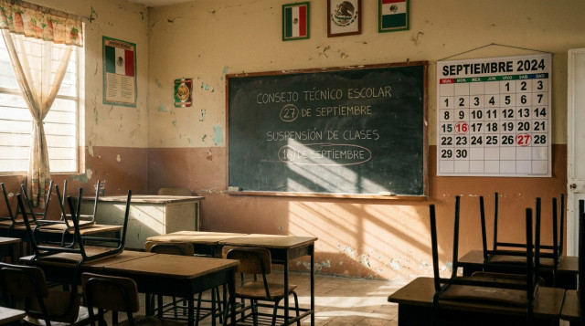 aula escolar mexicana vacia con pizarron y calendario marcando las fechas de suspension de clases de septiembre