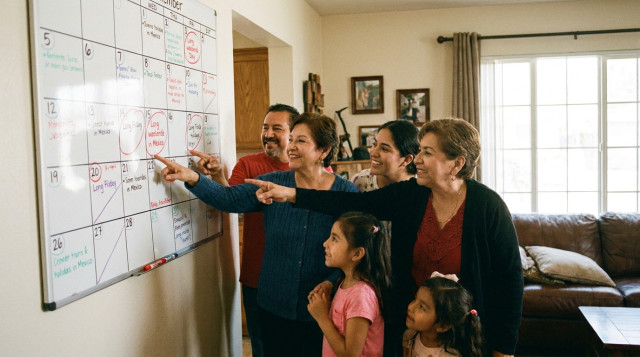 Personas revisando un calendario mural con fechas marcadas de días festivos y puentes oficiales en México