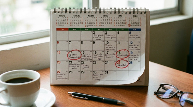 calendario de mexico sobre un escritorio con anotaciones en dias festivos oficiales de descanso obligatorio