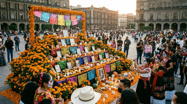 Altar tradicional de Día de Muertos en una plaza pública mexicana con flores de cempasúchil y papel picado