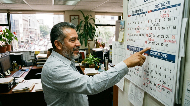 Trabajador revisando en un calendario de oficina los puentes del último cuatrimestre y días de descanso obligatorio