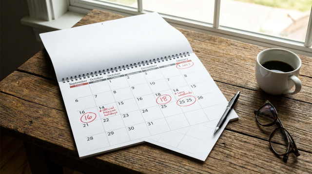 Calendario con marcas en los días festivos y puentes oficiales de septiembre a diciembre