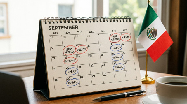 Calendario de escritorio abierto en el mes de septiembre con una bandera de México pequeña al lado y notas marcadas