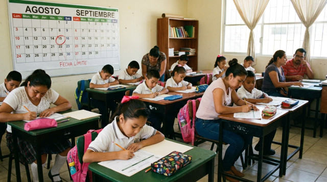 Estudiantes de educación básica en el aula escolar durante el inicio de clases y registro al programa Mi Beca para Empezar