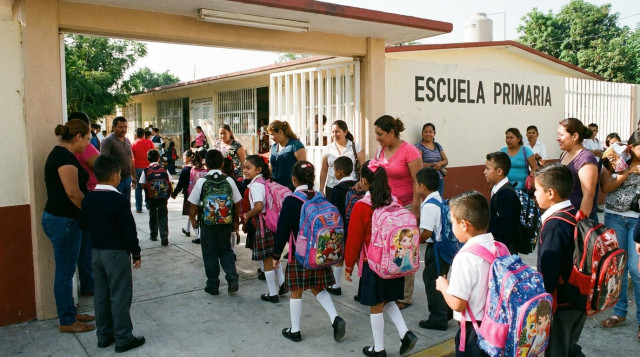 Estudiantes de educación básica en México ingresando a la escuela primaria durante el regreso a clases del calendario SEP