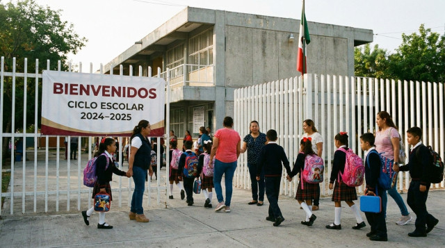 Estudiantes de educación básica ingresando a la escuela primaria durante el inicio del ciclo escolar SEP