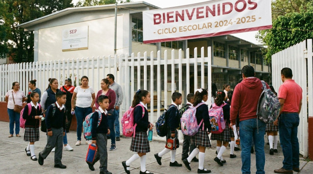 Alumnos de educación básica con uniforme escolar entrando a un plantel educativo en México durante el regreso a clases SEP