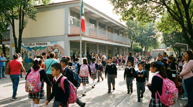 Alumnos con mochilas y uniformes escolares ingresando a una escuela primaria de México durante el regreso a clases SEP