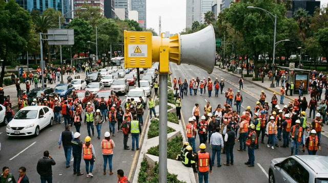 Altavoz oficial de alerta sísmica en una avenida urbana de la Ciudad de México con personas realizando un ejercicio de desalojo preventivo