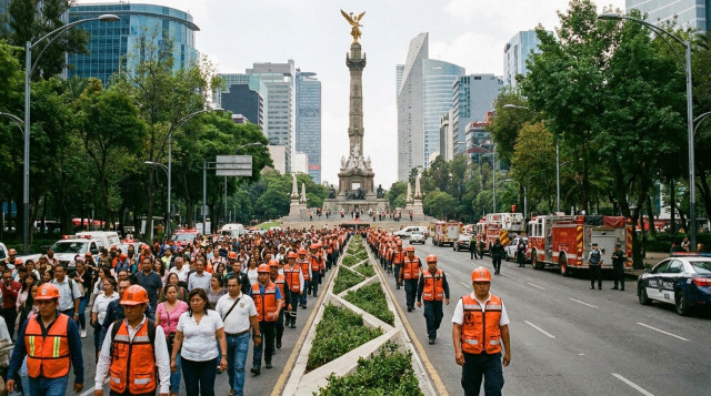 Evacuación ordenada de ciudadanos y brigadistas en Paseo de la Reforma durante el Simulacro Nacional del 19 de septiembre