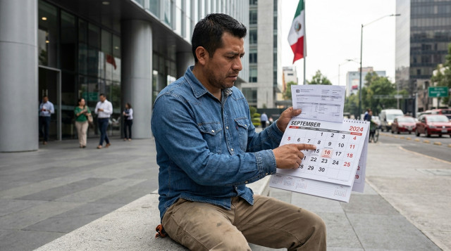 Trabajador revisando su nómina y calendario laboral de septiembre frente a una oficina en México