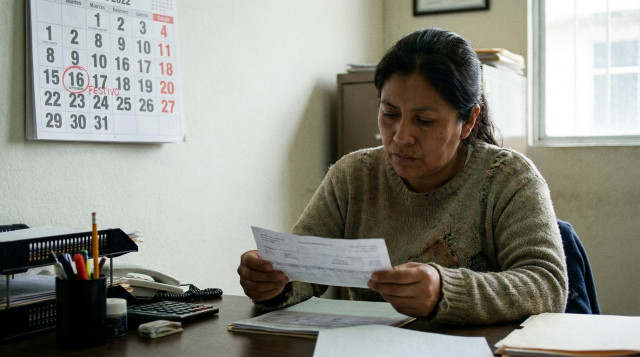 persona trabajadora revisando su recibo de nómina junto a un calendario con el 16 de septiembre marcado