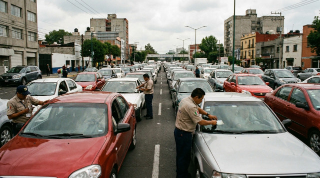 línea de automóviles esperando en un centro de verificación vehicular en CDMX con técnicos inspeccionando engomados