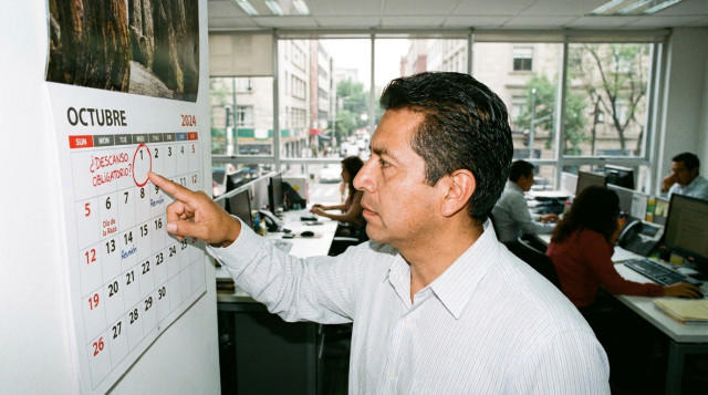 trabajador revisando un calendario laboral de octubre en una oficina de México con notas de descanso obligatorio