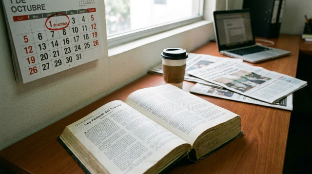 Un ejemplar de la Ley Federal del Trabajo abierto sobre un escritorio con un calendario marcando la fecha 1 de octubre