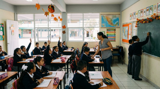 Alumnos y profesores en un aula de clases en México realizando actividades escolares en día hábil ordinario de octubre