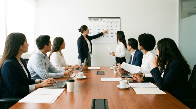 Trabajadores de oficina revisando un calendario laboral en una mesa de juntas con documentos