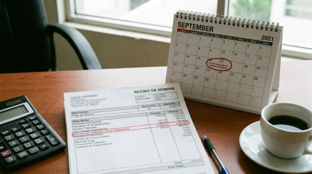 recibo de nómina y calendario de septiembre destacando el cálculo de pago para días feriados oficiales