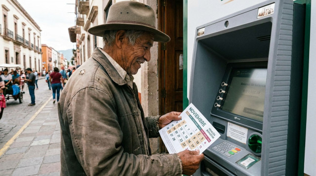persona de la tercera edad consultando el saldo de su tarjeta en un cajero del Banco del Bienestar con el calendario de la Pensión Bienestar