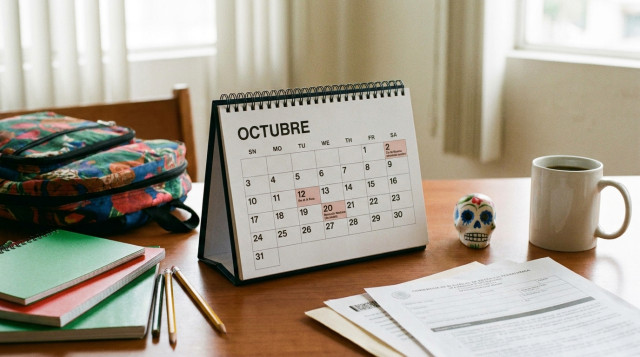 Calendario de escritorio abierto en el mes de octubre junto a útiles escolares y documentos de oficina en México