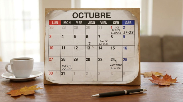calendario de octubre con notas de puentes escolares y conmemoraciones cívicas