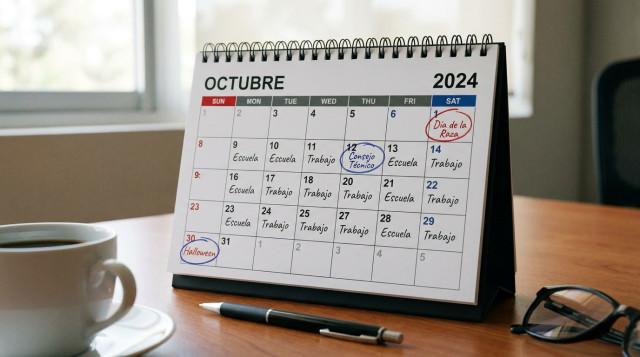 calendario de escritorio mensual abierto en el mes de octubre con marcaciones en días hábiles y escolares