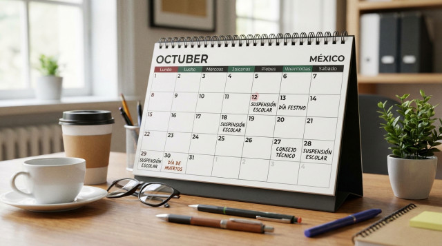 calendario de escritorio mensual abierto en la página de octubre con anotaciones escolares y laborales sobre un escritorio ordenado