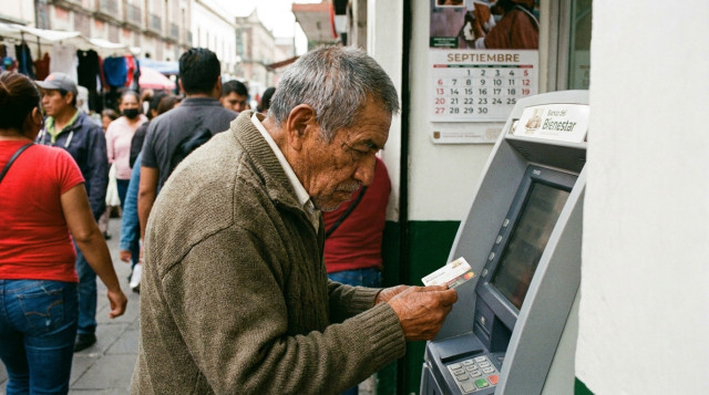 Adulto mayor consultando el saldo de su tarjeta del Banco del Bienestar en un cajero automatico durante el calendario de pagos de septiembre