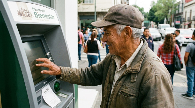 Adulto mayor consultando el saldo de su tarjeta en un cajero del Banco del Bienestar