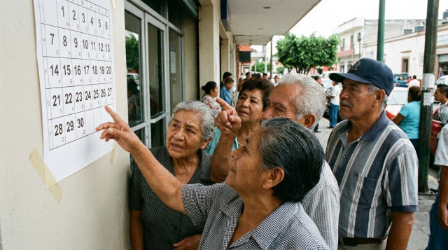 Personas adultas mayores consultando el calendario de pagos de la Pensión Bienestar frente a una sucursal bancaria