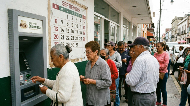 personas mayores consultando el saldo de su tarjeta en un cajero del Banco del Bienestar bajo el calendario de pagos