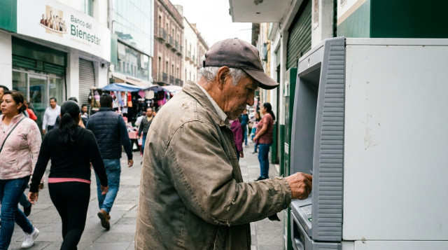 adulto mayor consultando su saldo bancario de la Pensión Bienestar en un cajero automático oficial