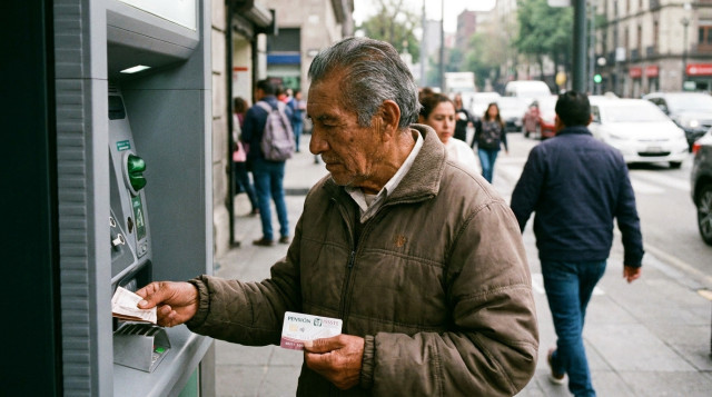 adulto mayor mexicano retirando efectivo de un cajero bancario con tarjeta de débito de pensión IMSS e ISSSTE