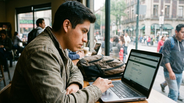 Estudiante mexicano llenando formulario digital de la Beca Benito Juárez en una computadora portátil