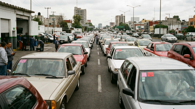 Línea de automóviles formados en un verificentro de la Ciudad de México esperando la prueba de emisiones del engomado rosa y rojo