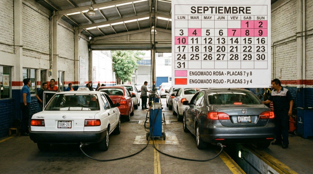 Automóviles formados en la línea de inspección de gases dentro de un verificentro de la Zona Metropolitana del Valle de México con el calendario de verificación vehicular visible